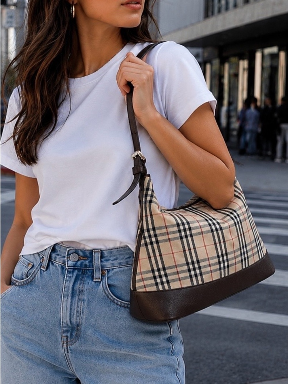 Burberry Nova Check cotton canvas hobo shoulder bag.